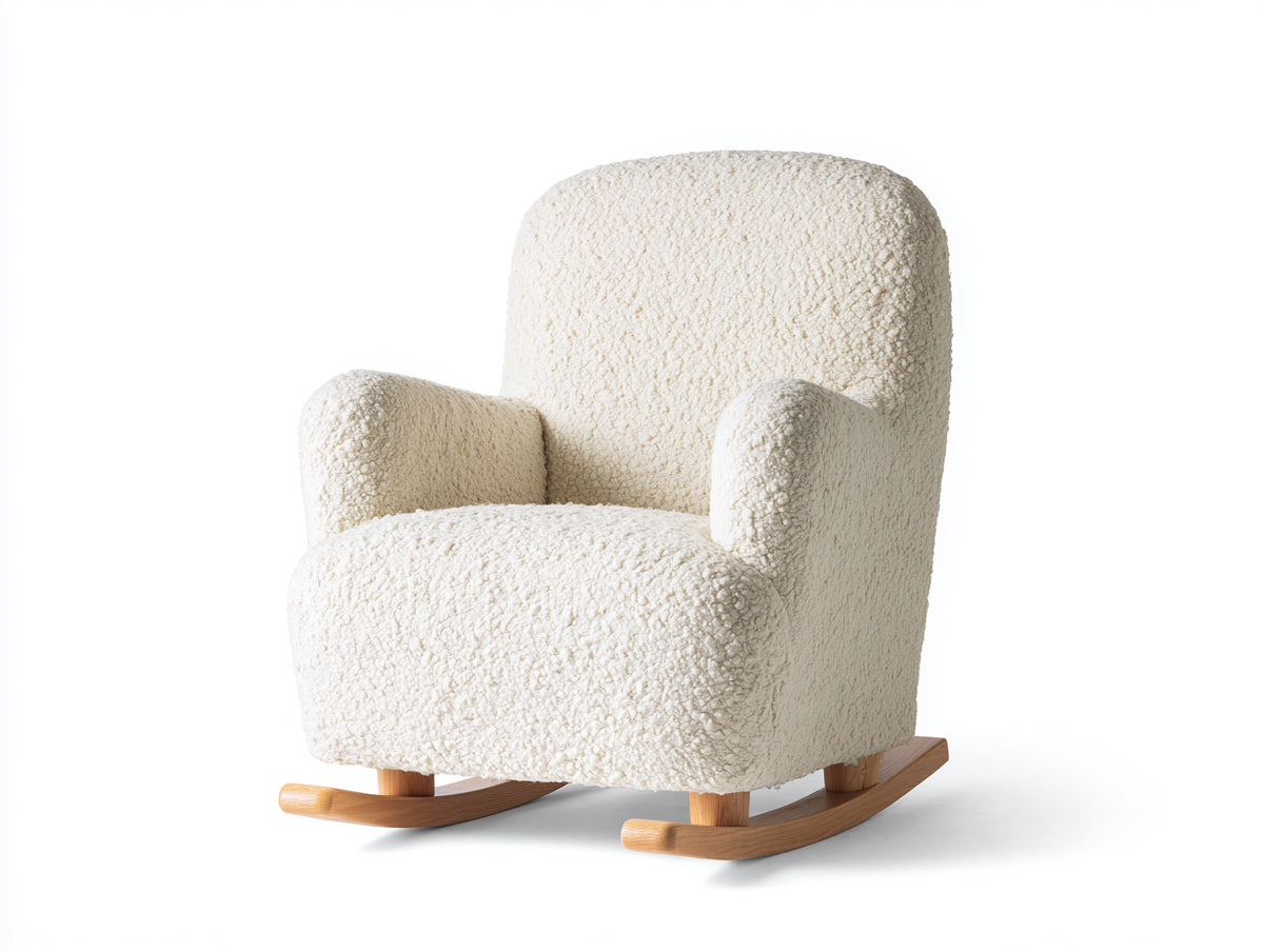 Sedia a dondolo - Tessuto bouclé-legno - 80x73x98 cm - Bianco crema-legno naturale - Stile nordico