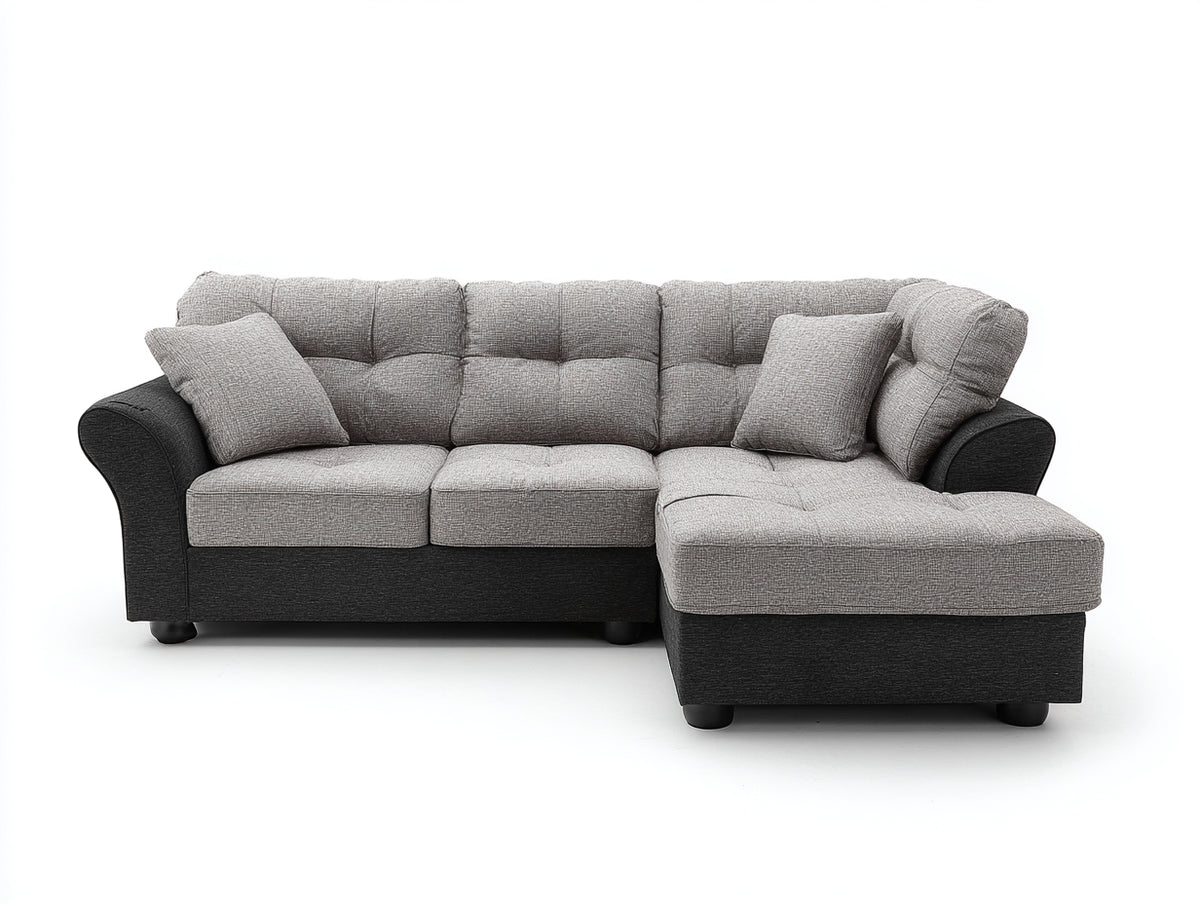 Divano angolare - Tessuto-Ecopelle - 285x170x90 cm - Grigio chiaro-Nero - Stile classico contemporaneo