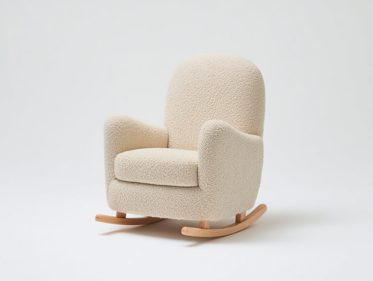 Sedia a dondolo - Tessuto bouclé-legno - 82x75x101 cm - Crema-legno naturale - Stile nordico