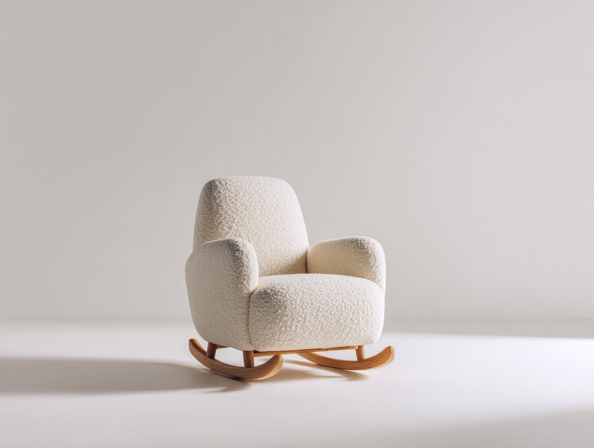Sedia a dondolo - Tessuto bouclé-legno - 90x78x95 cm - Crema-legno naturale - Stile moderno