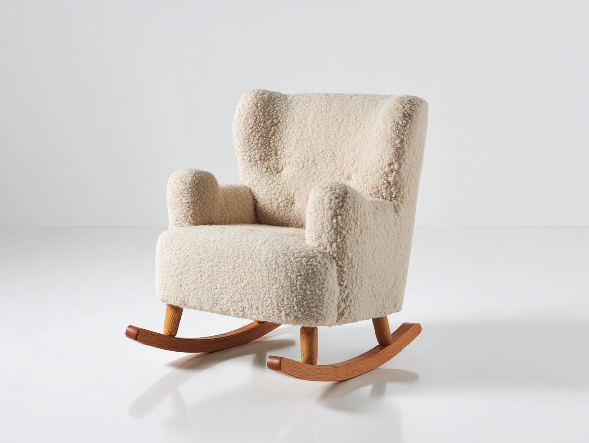 Sedia a dondolo - Tessuto bouclé-legno - 84x76x94 cm - Crema-legno naturale - Stile moderno